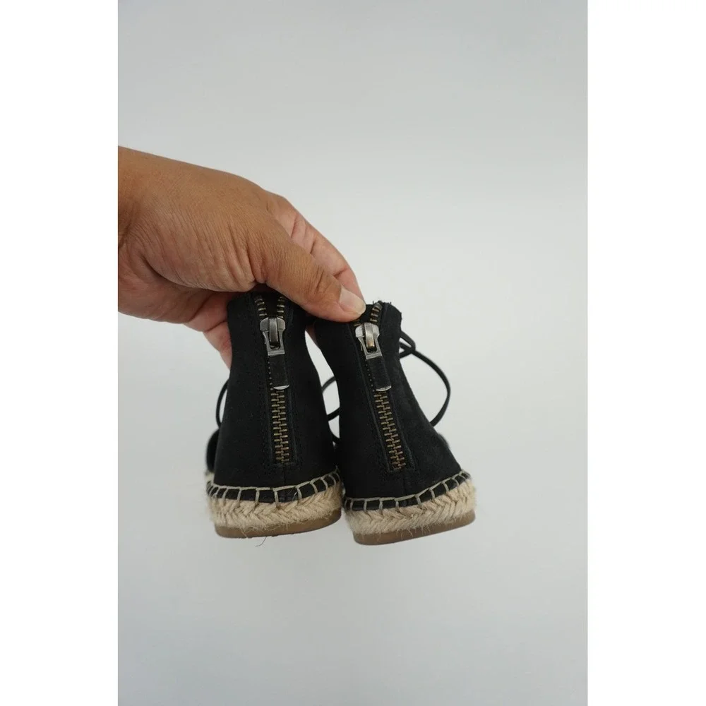 Eileen Fisher Lace Leather Espadrille Flats Minimalist Suede Ankle Tie Black 8.5